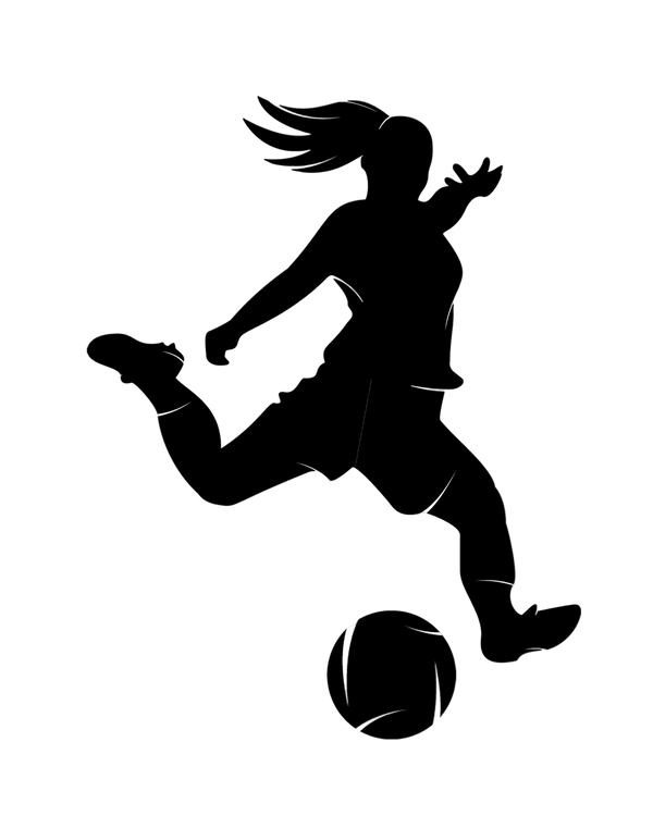 Black silhouette of a soccer player kicking a ball on a white background